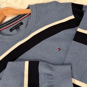Tommy Hilfiger Men’s Blue Striped Crewneck Sweater Cotton Logo Size XL